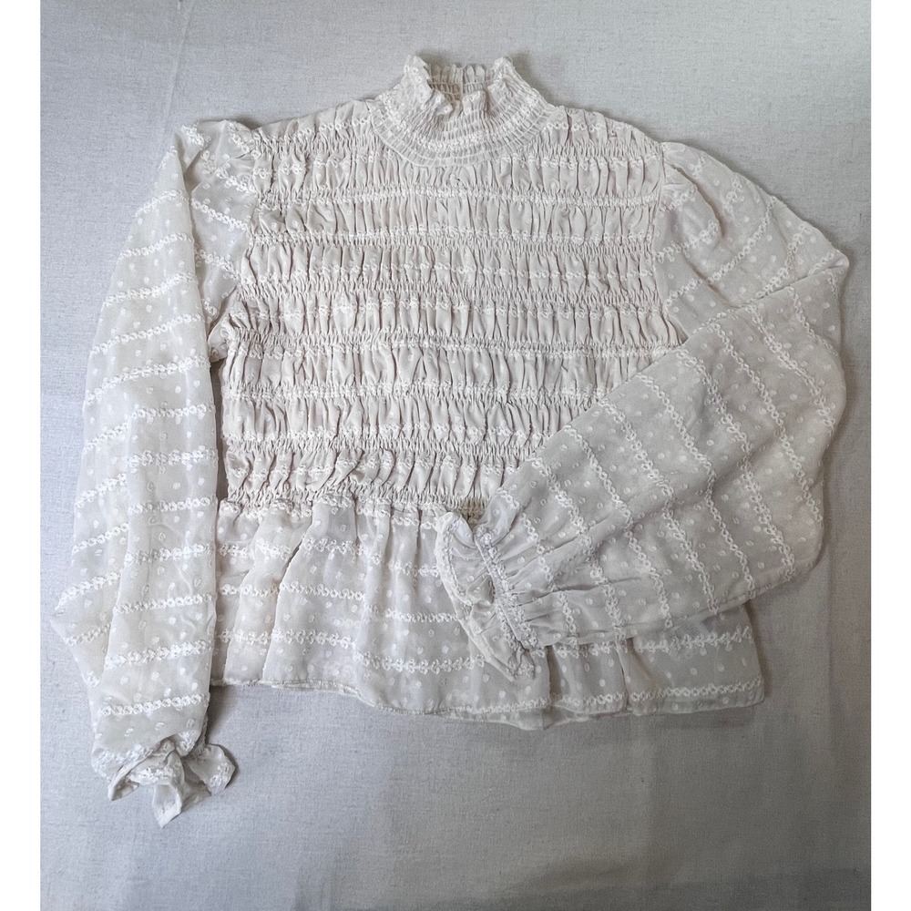 Cider Cream Smocked Peplum Blouse sz M Mock Neck Swiss Dot Embroidered Romantic - Picture 2 of 16